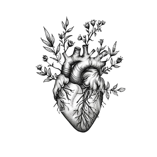 Anatomical Heart with Flowers Tattoo Design