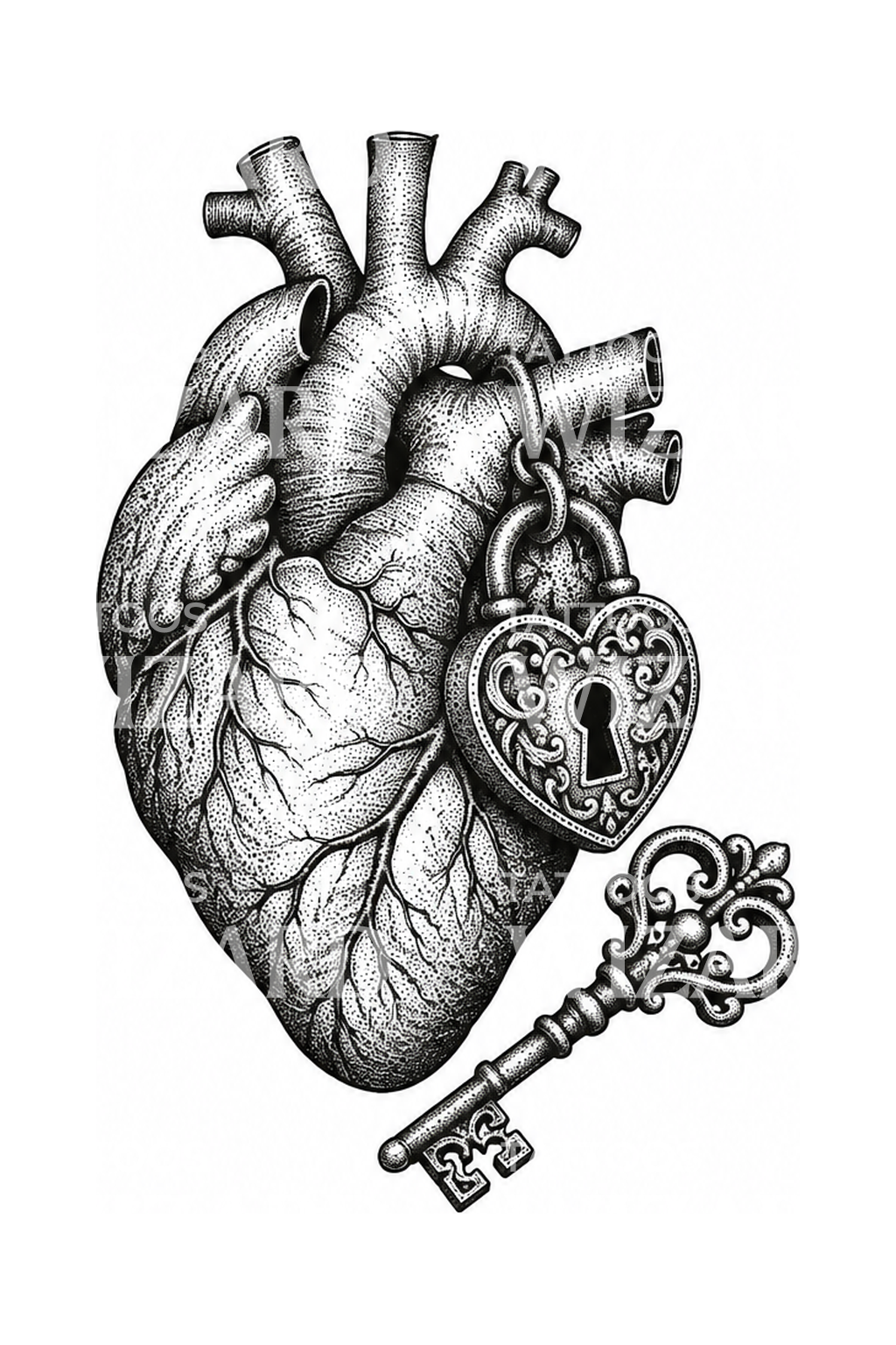 Anatomical Heart with Lock and Key Tattoo