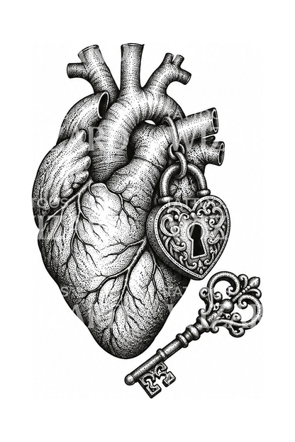 Anatomical Heart with Lock and Key Tattoo