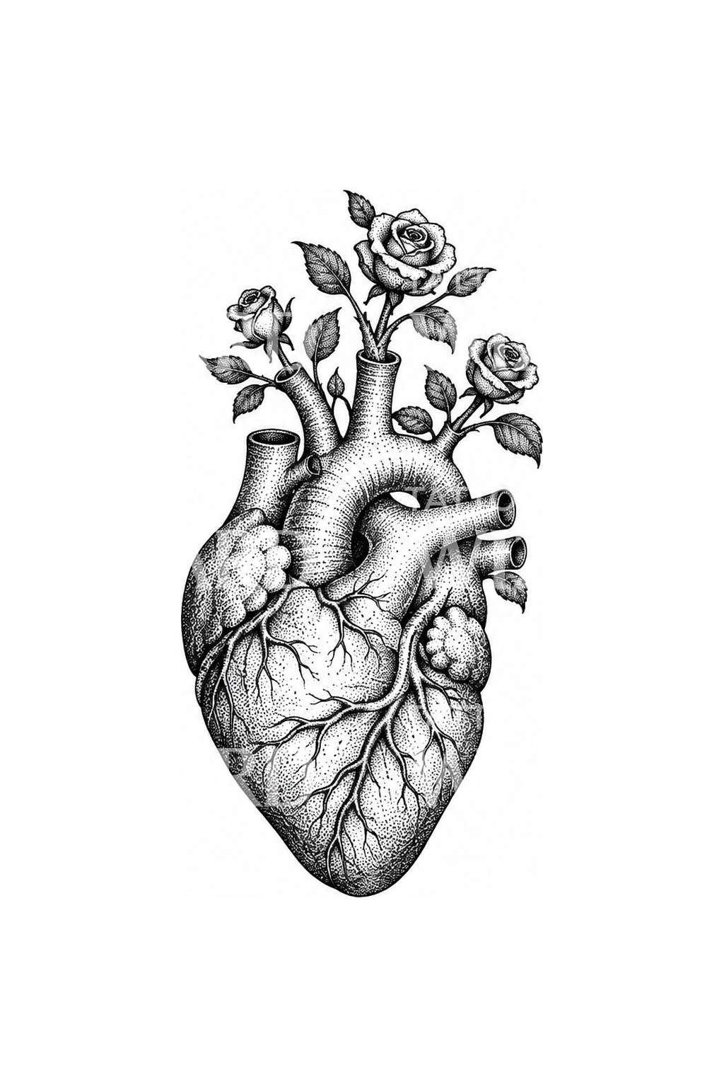 Anatomical Heart with Roses Dotwork Tattoo
