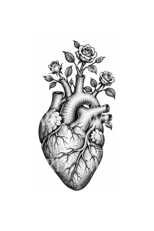 Anatomical Heart with Roses Dotwork Tattoo