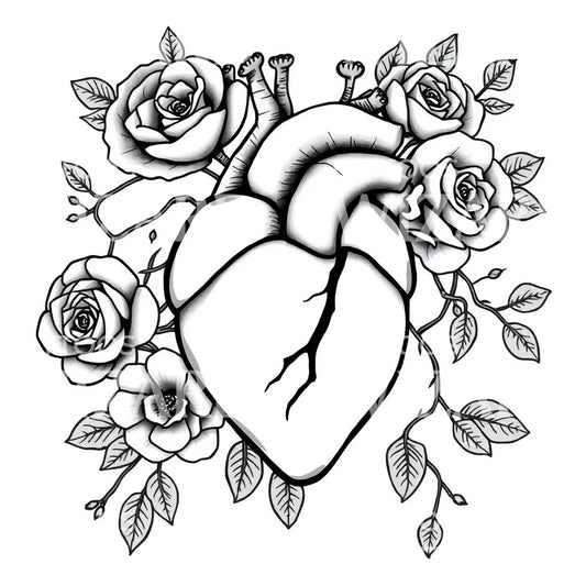 Anatomical Heart with Roses Tattoo Design