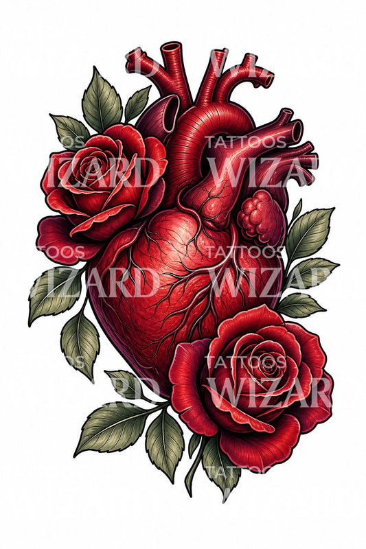 Diseño de tatuaje de corazón anatómico con rosas