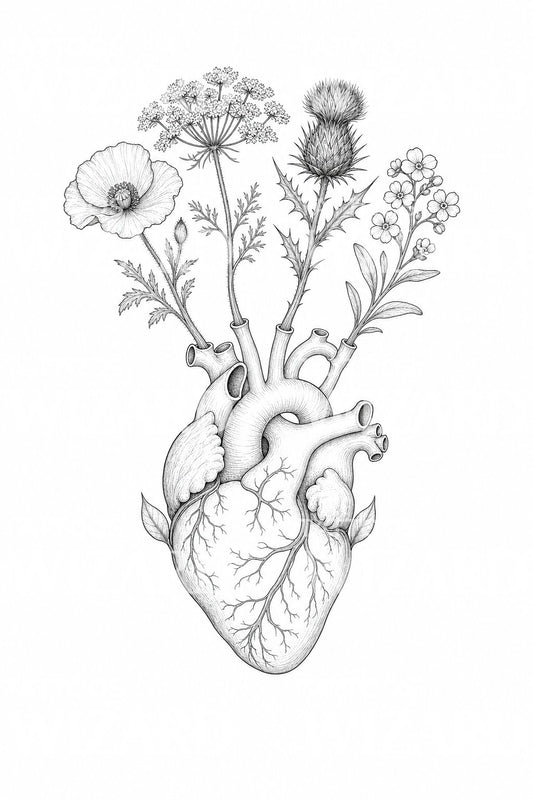 Ilustrasi Tato Jantung Anatomis dengan Bunga Liar