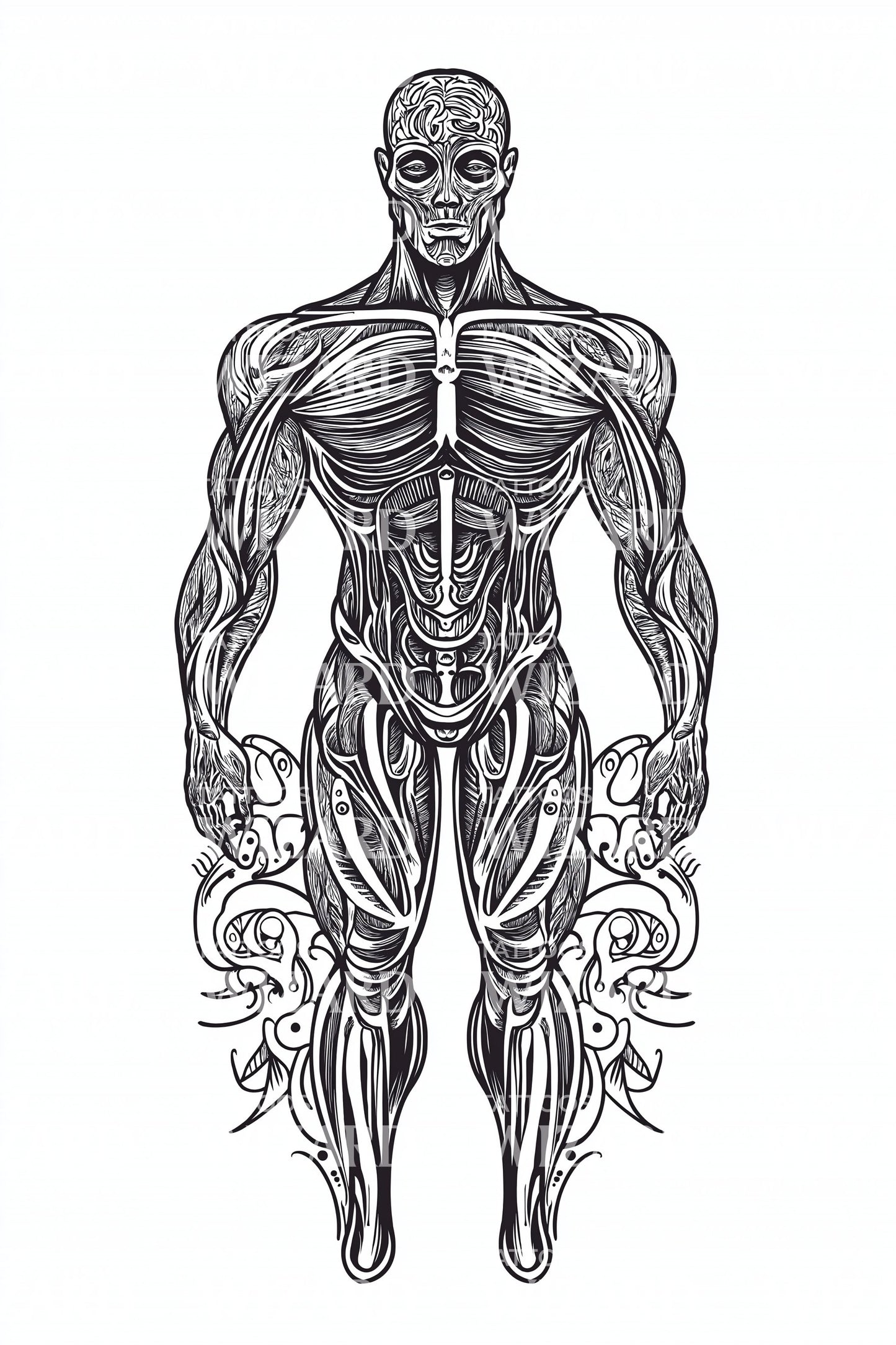 Anatomical Muscle Figure Tattoo Illustration