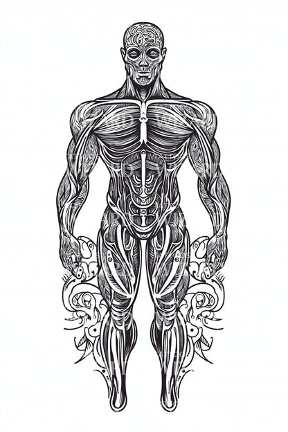 Anatomical Muscle Figure Tattoo Illustration