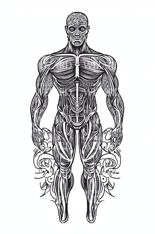 Anatomical Muscle Figure Tattoo Illustration