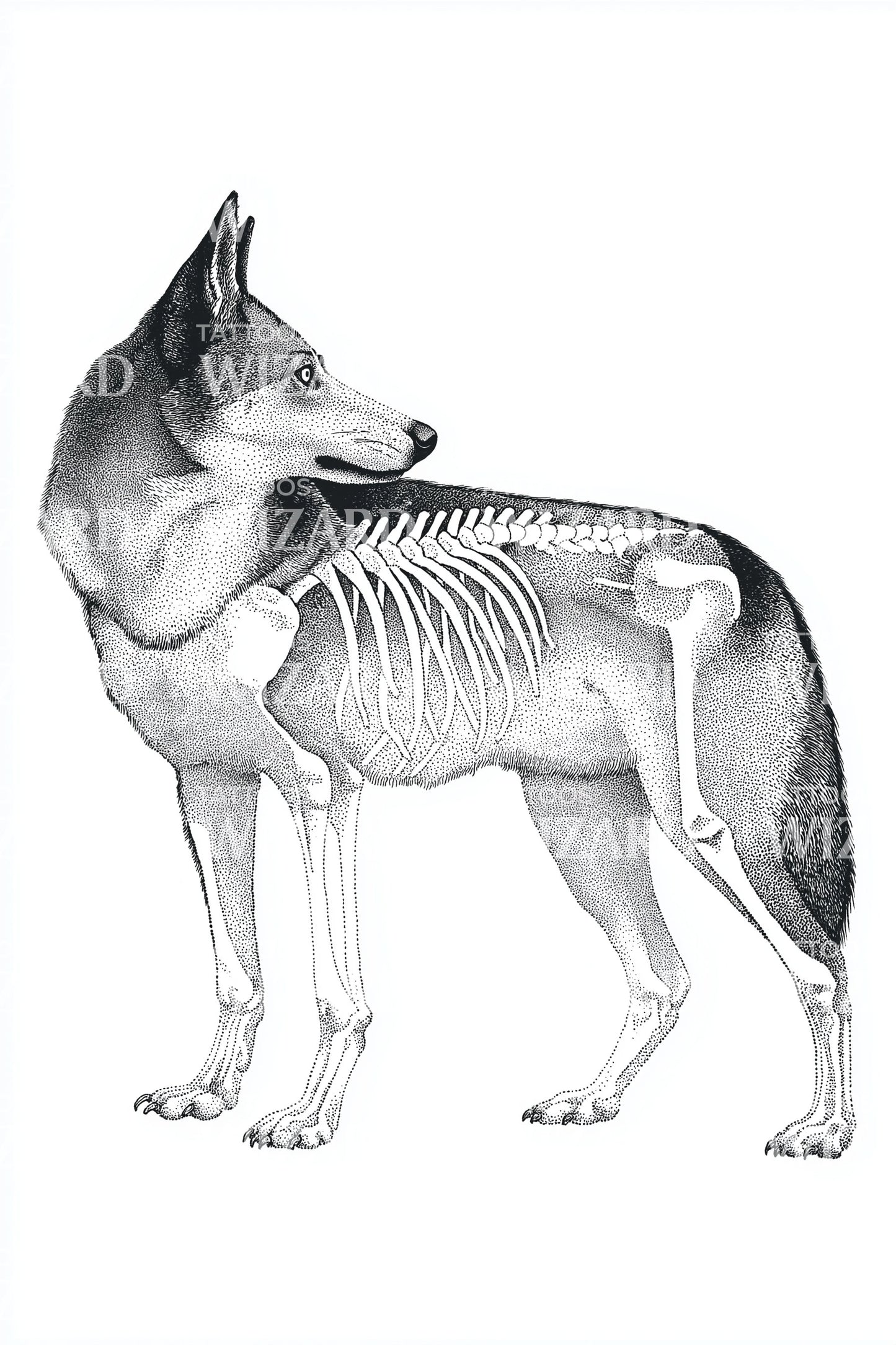 Anatomical Wolf Skeleton Tattoo Design