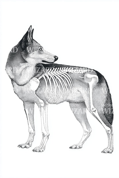 Anatomical Wolf Skeleton Tattoo Design