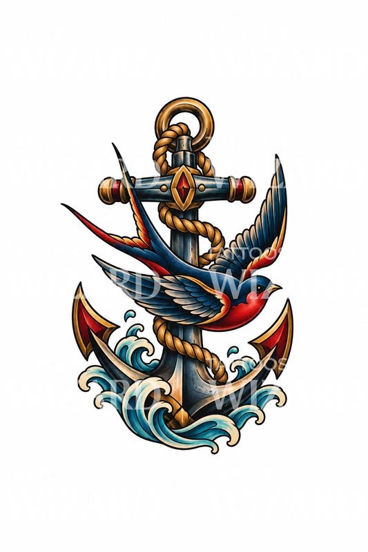 Sailortatovering med anker og svale