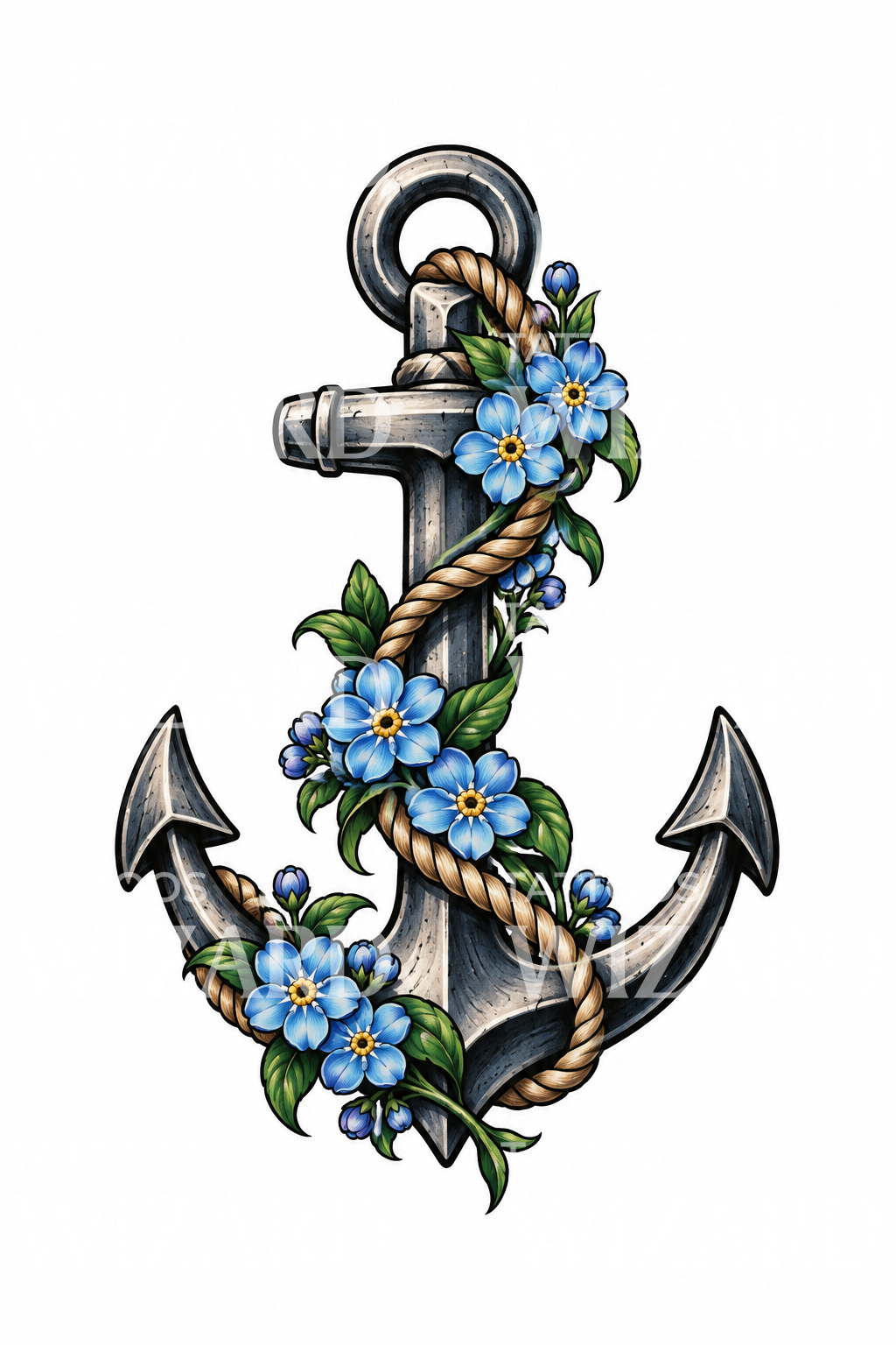 Anchor Wrapped in Forget Me Nots Tattoo