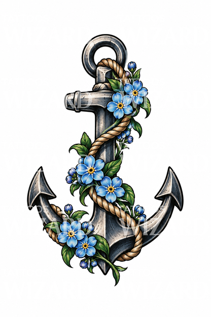 Anchor Wrapped in Forget Me Nots Tattoo