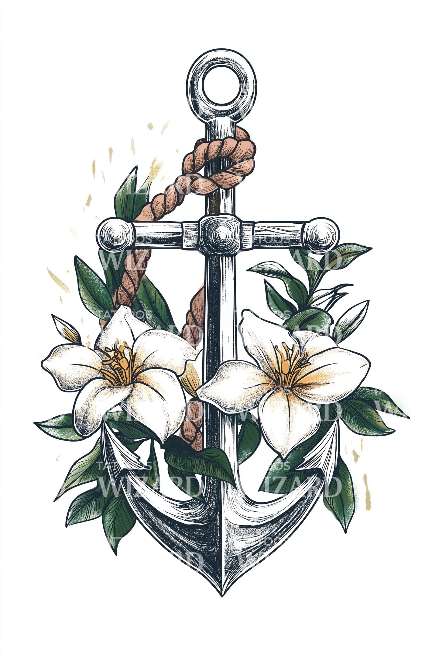 Anchor Wrapped in Jasmine Tattoo Design