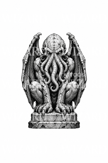 Ősi Cthulhu kőidol dotwork tetoválás