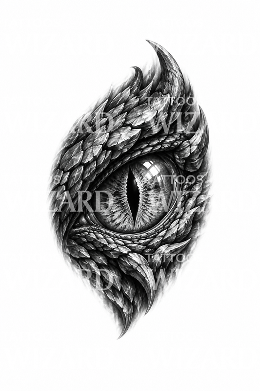 Design de tatuagem de olho de dragão antigo a preto e cinzento