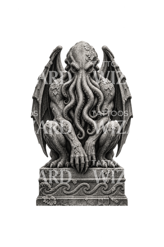 Tattoo-Design einer antiken eldritischen Idolstatue