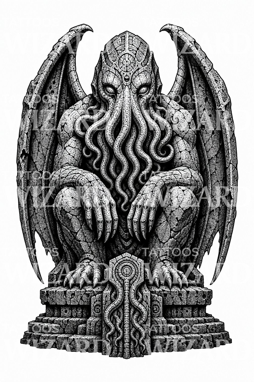 古老诡秘神像Blackwork 纹身设计– Tattoos Wizard Designs