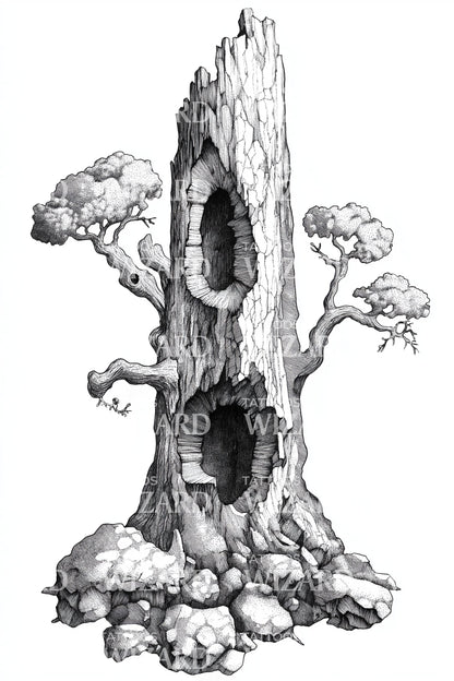 Ancient Hollow Tree Tattoo Design