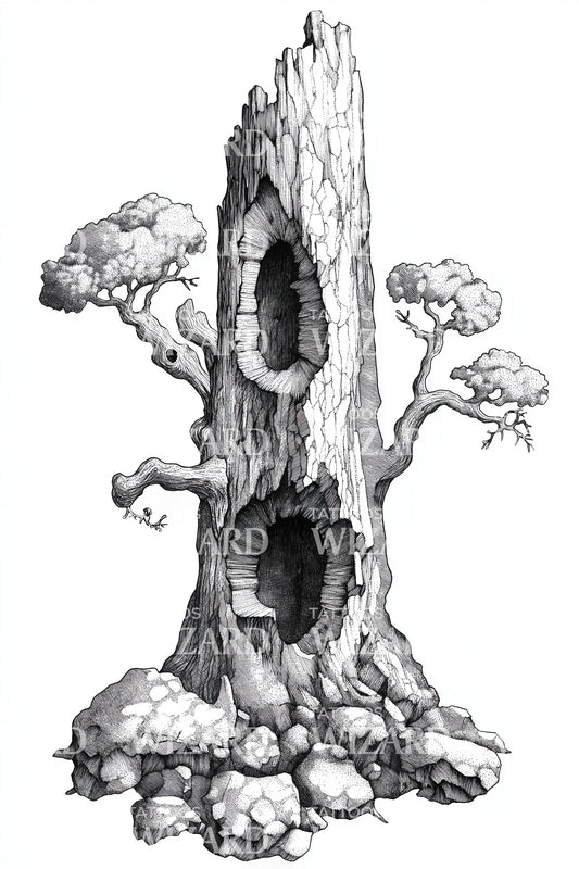 Ancient Hollow Tree Tattoo Design