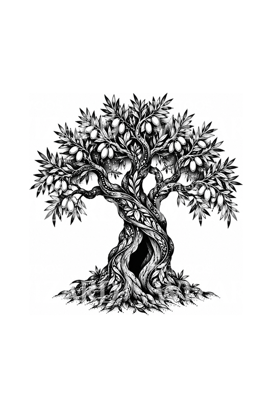 Tatouage blackwork d’un olivier ancestral