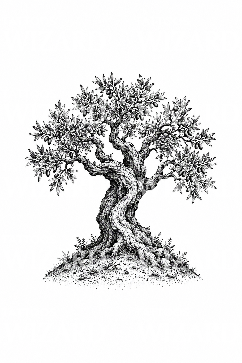 Σχέδιο τατουάζ dotwork με αρχαία ελιά σε λόφο