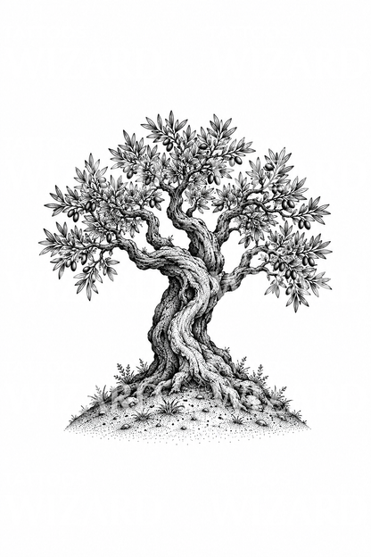 Σχέδιο τατουάζ dotwork με αρχαία ελιά σε λόφο