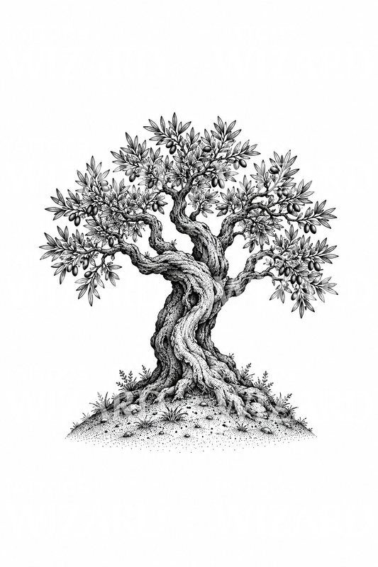 Diseño de tatuaje dotwork de un olivo antiguo en una colina