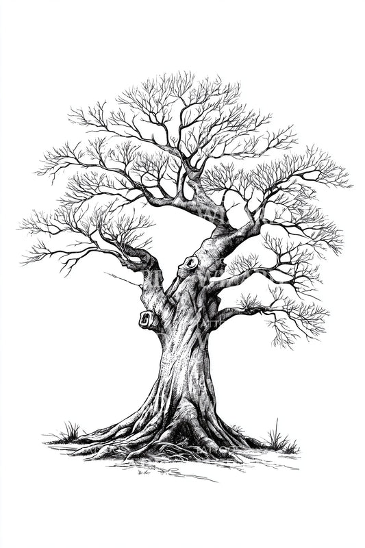 Ancient Rooted Tree Tattoo Illustration