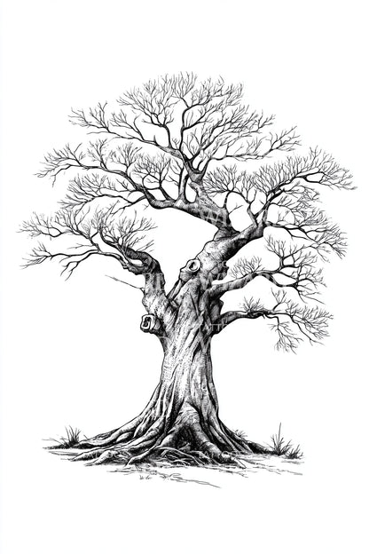 Ancient Rooted Tree Tattoo Illustration