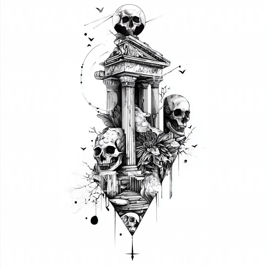 Ancient Ruins Tattoo Illustration