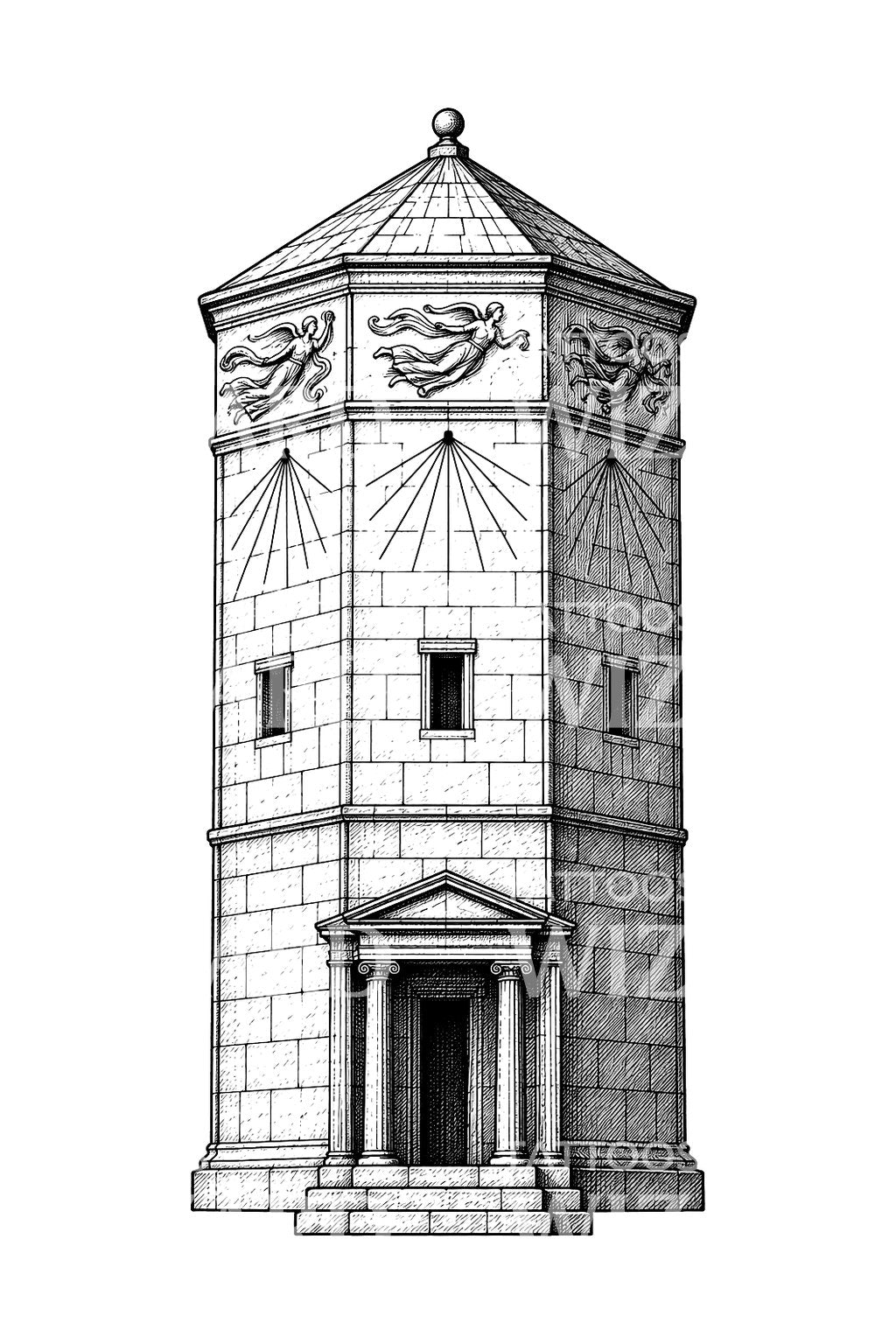 Ancient Tower of the Winds Tattoo Illustration