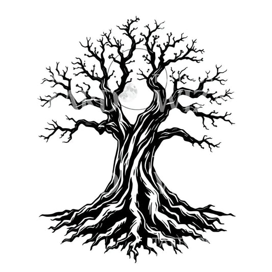 Ancient Tree Moon Tattoo Design