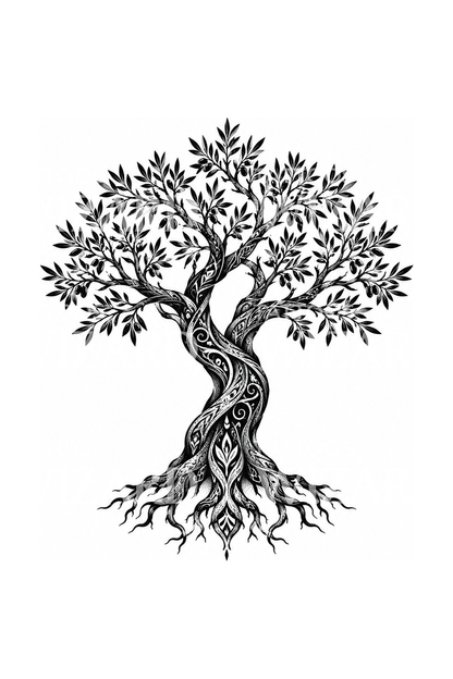 Ancient Twisted Olive Tree Blackwork Tattoo Design