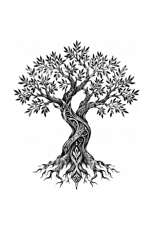 Tatuaggio blackwork di un antico ulivo contorto