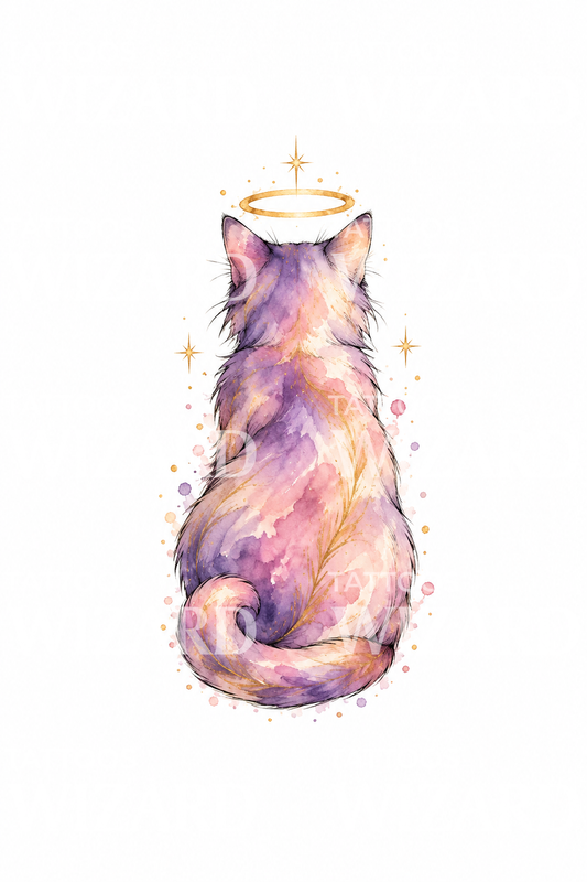 Tatouage commémoratif de chat ange avec auréole