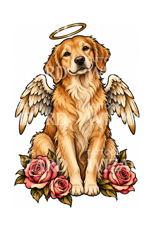 Tatuagem memorial de cão anjo com auréola e rosas