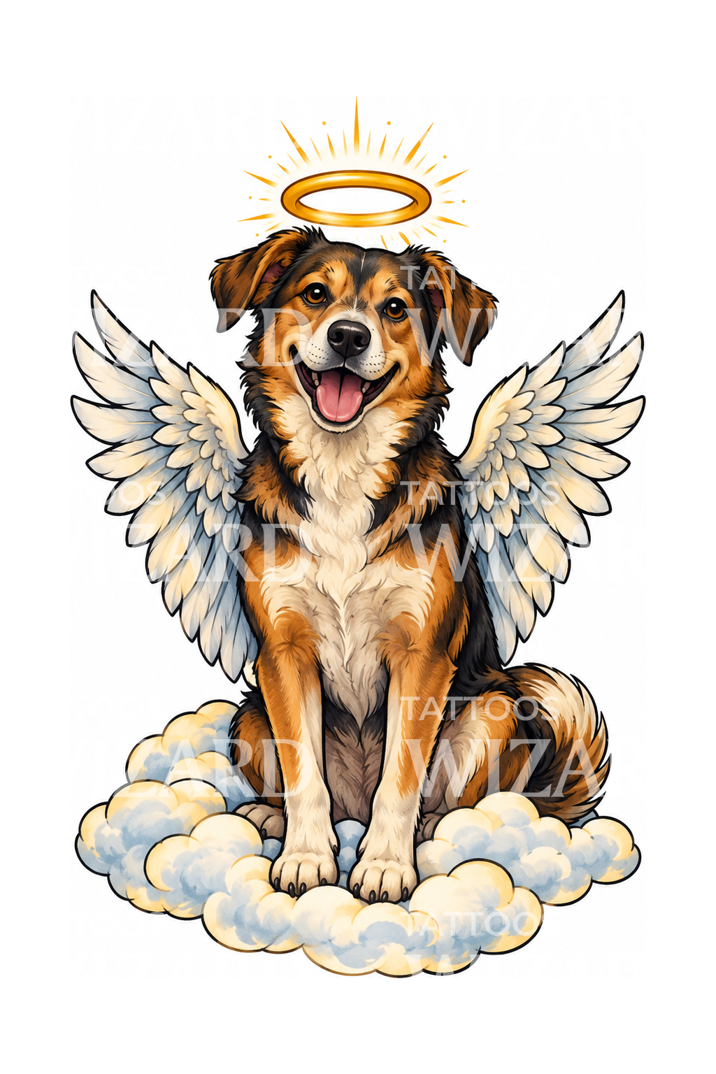 Angel Dog with Wings and Halo Memorial Tattoo Design