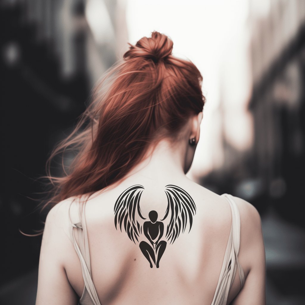 Un tatouage simple représentant une silhouette d'ange en prière