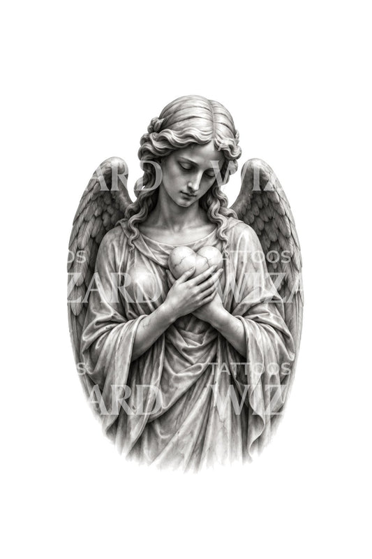 Ilustración de tatuaje de ángel sosteniendo un corazón