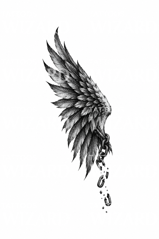 Angel Wing Breaking Chain Dotwork Tattoo Design