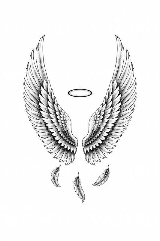 Tatueringsillustration med änglavingar och gloria