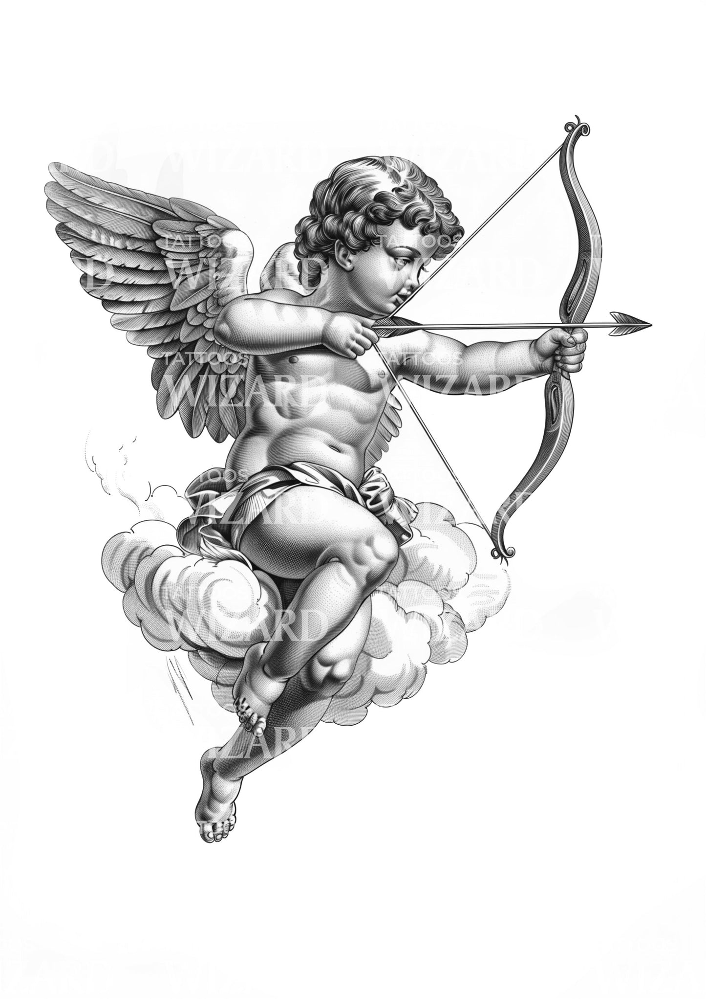 Angelic Cupid Floating on a Cloud Tattoo Design