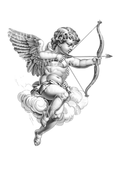 Angelic Cupid Floating on a Cloud Tattoo Design