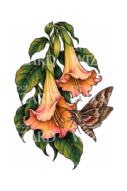 Tattoo-ontwerp met engelentrompet en pijlstaartmot