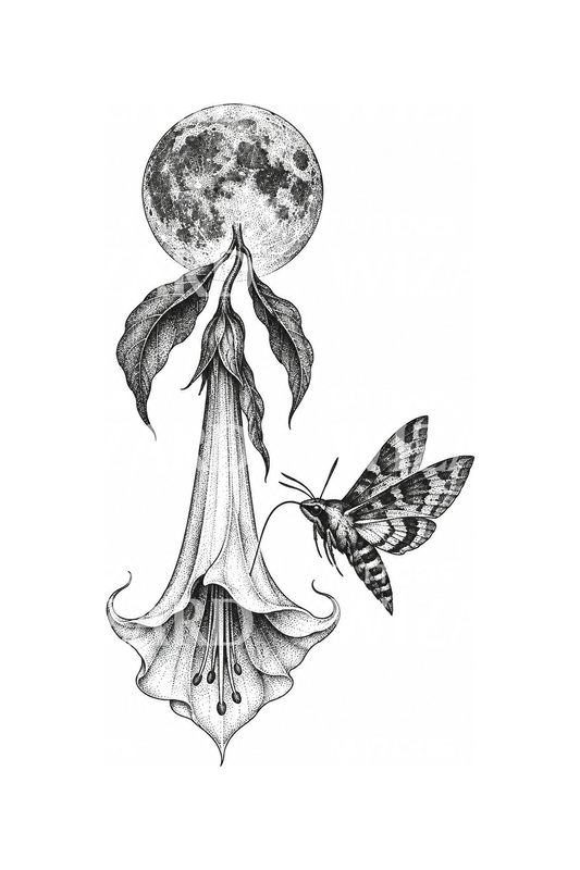 Angel's Trumpet Under Full Moon Tattoo Design