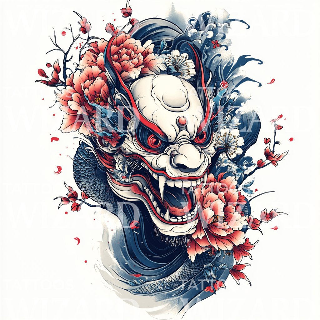 Angry Oni Mask with Cherry Blossoms Tattoo Design