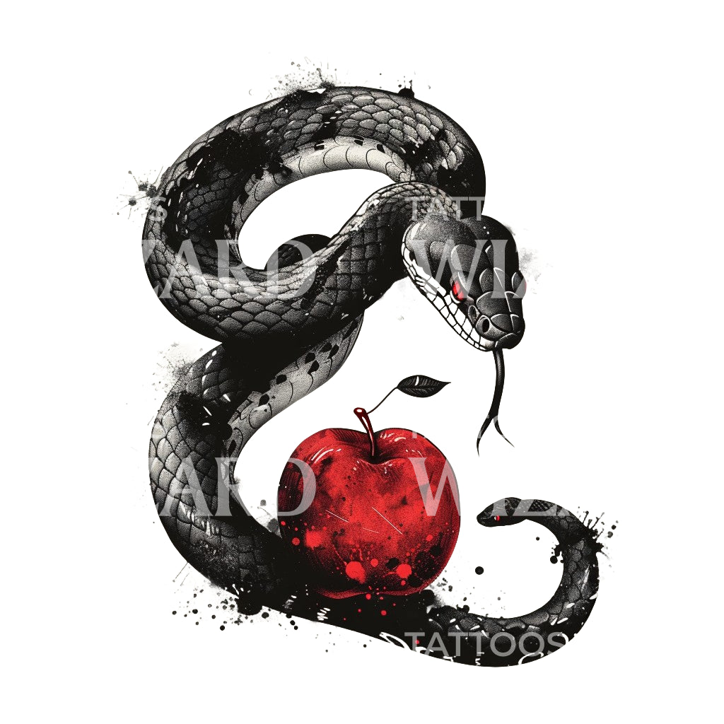 Tattoo-Design mit wütender Schlange und rotem Apfel
