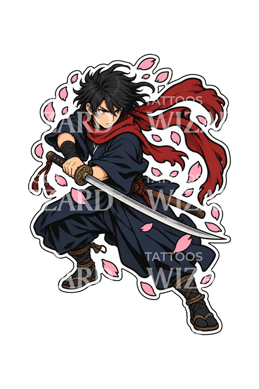 Diseño de tatuaje anime de espadachín con bufanda roja