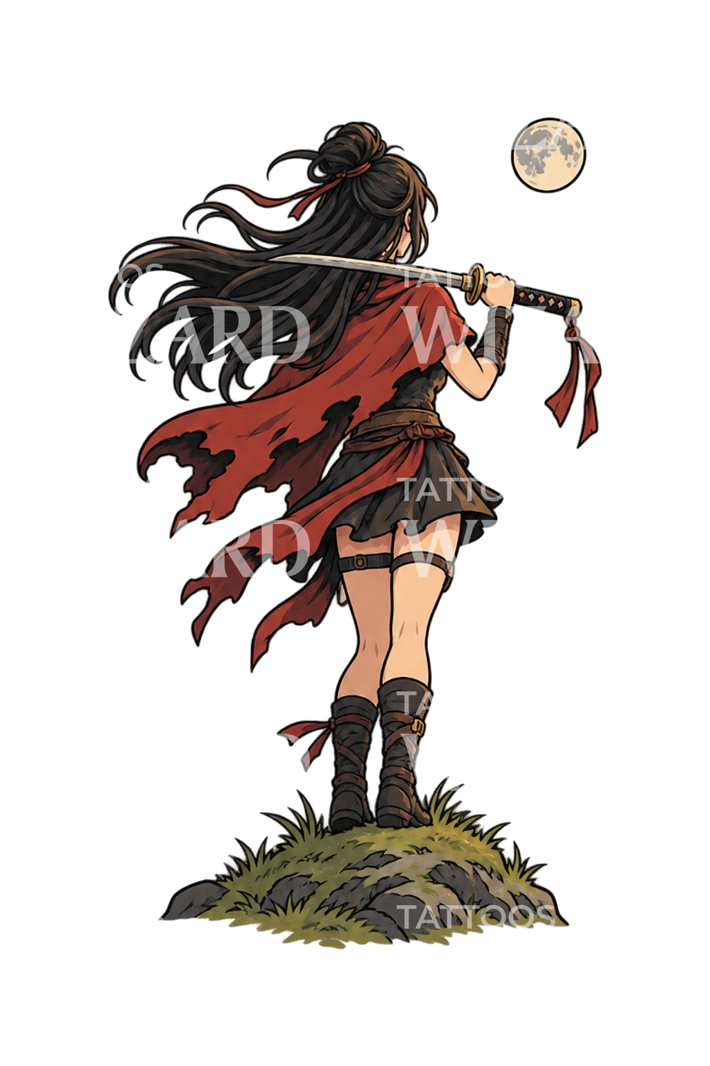 Illustration de tatouage anime d’une épéiste sous la lune