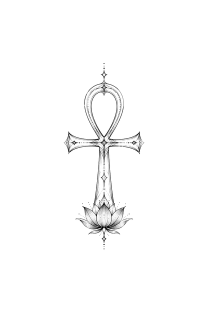 Ankh with Blue Lotus Fine Line Tattoo Design